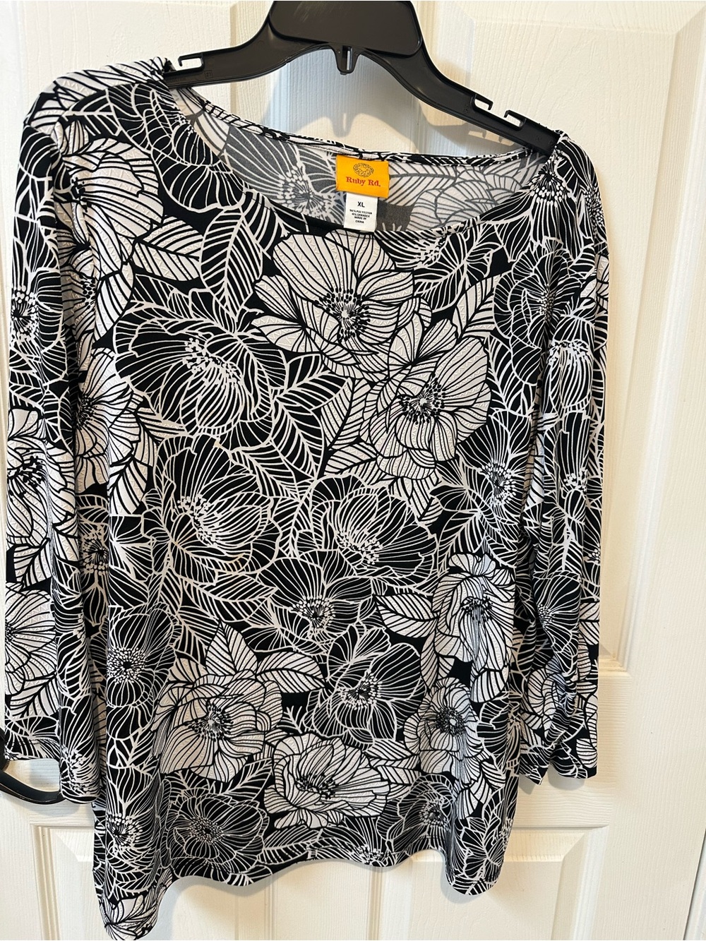 Ruby Rd. Black & White Floral Scoop Neck Long Sleeve Top